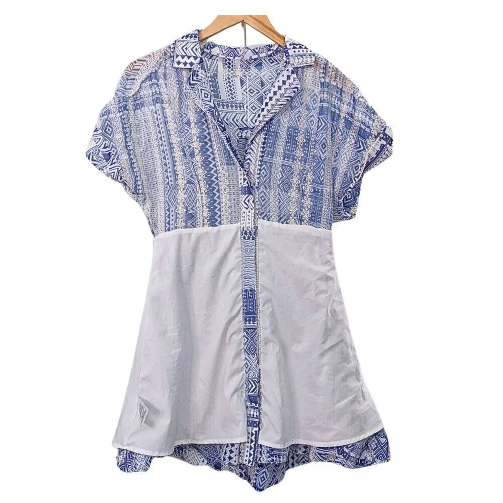 THE SANG Blue Georgette Embroidered Ikat Smocked Shirtdress w/ Weighted Hem Sz S